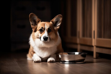 Cute corgi dog eating dry food from bowl at home.