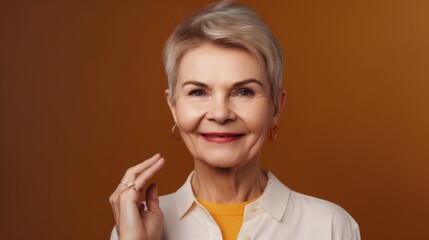 Happy mature woman in studio portrait color background. Generative AI AIG20.