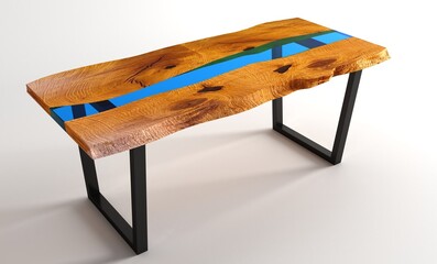 Wooden lacquered table with black metal legs on white background. The table perspective made of epoxy resin and wood. Teak table 3d rendering.
