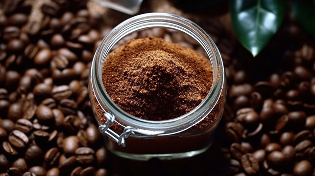 Coffee powder in the bottle sitting on the coffee beans. Generative Ai
