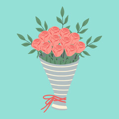 Bouquet of pink roses. Illustration of pink flowers. Design element for greeting card, invitation, print, sticker. Illustration for birthday, mother's day, valentine's and woman's day.
