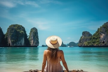 Fototapeta na wymiar Beautiful female tourist in sun hat sitting on yacht and looking at turquoise sea and island beach in Krabi province, Thailand Generated with AI
