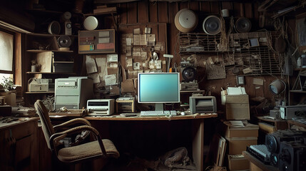 Old office and computer with obsolete technology. Generative Ai - obrazy, fototapety, plakaty