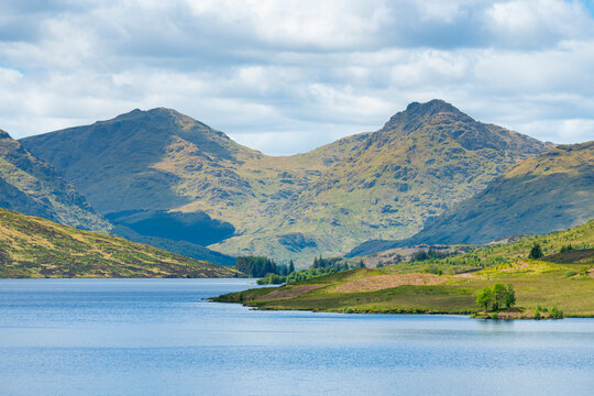 Loch Arklet with mountains in background, Loch Lomond and The Trossachs National Park, Trossachs, Stirling, Scotland, United Kingdom