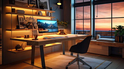 Contemporary home office with smart desk, lighting, and virtual assistant