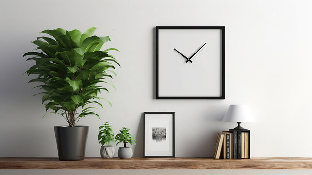 White wall decoration with a picture frame, clock and plants. Generative Ai