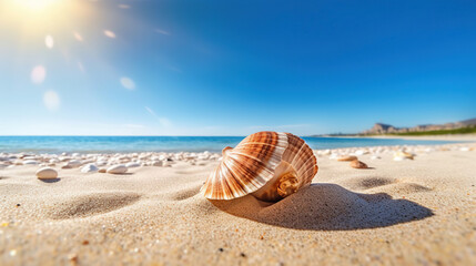 Fototapeta na wymiar Beautiful sunny beach and a big shell on the sand. Sunny day on