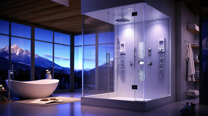Luxurious bathroom with smart shower system and automated temperature control