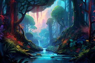 Naklejka premium Colorful forest landscape painted scene with trees and flowers