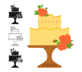 Wedding or Birthday cake decorated flower rose. Cartoon celebration dessert symbol, stamp, line doodle design set. Party delicious cupcake sweet bakery. Holiday cake decoration pastries sign vector