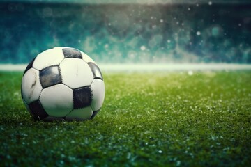 Naklejka premium Soccer ball on soccer field AI Generative