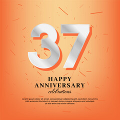 37th anniversary vector template with a white number and confetti spread on an orange background