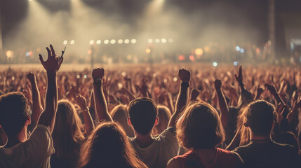 Fototapeta na wymiar Image of concert crowd with their hands raised on red smoke gene