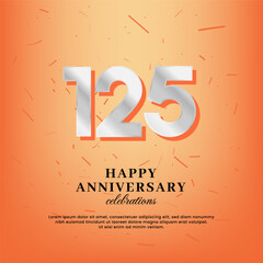 125th anniversary vector template with a white number and confetti spread on an orange background