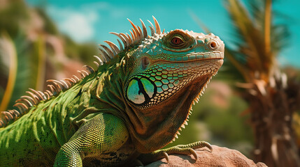 portrait of macro shot on iguana head. Generative Ai