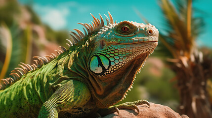 Obraz premium portrait of macro shot on iguana head. Generative Ai