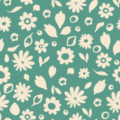 Scribbled white flowers seamless pattern. Hand drawn flowers and leaves on pastel green background. Sketch stylized floral allover print