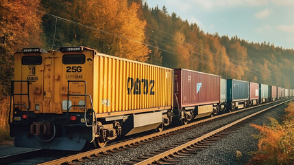 Freight train with cargo containers, generative ai. - obrazy, fototapety, plakaty