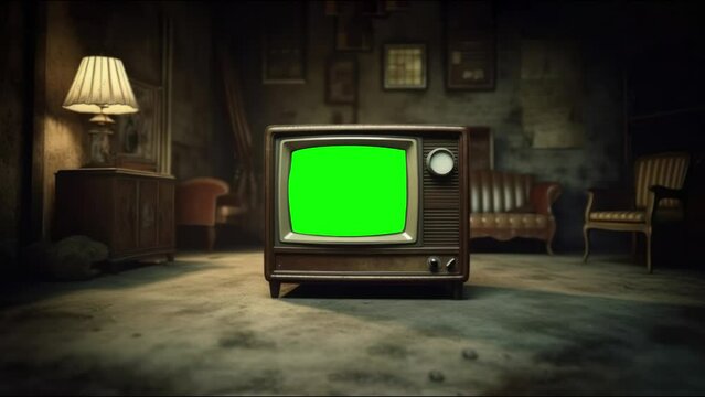 Vintage television. 1980s or 90s TV Green Screen. Sepia Tone. Zoom Out. Chroma key