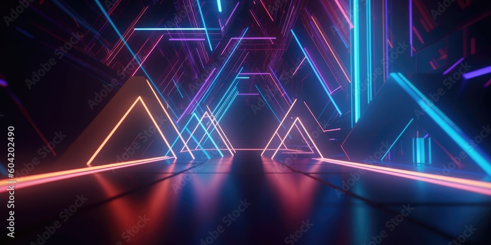 Poster 3d rendering of a futuristic background with geometric shapes and colorful neon lights. generative a