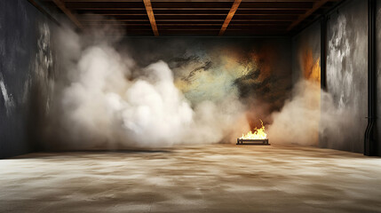 Obraz premium Room with concrete floor and smoke with dark wall background. Generative Ai