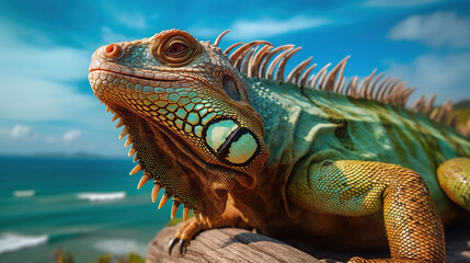 Fototapeta premium portrait of macro shot on iguana head. Generative Ai