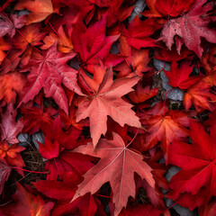 Top view close up of turf of red maple autumn leaves - obrazy, fototapety, plakaty