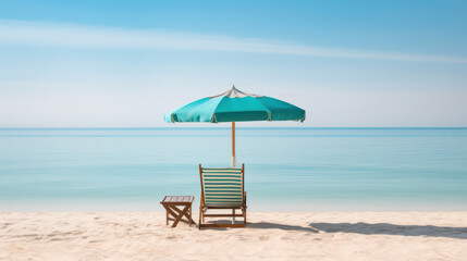 Fototapeta na wymiar Solitude by the Shore: A Lone Beach Chair and Umbrella Against Turquoise Water, Generative AI