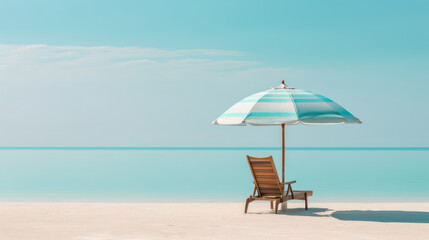 Solitude by the Shore: A Lone Beach Chair and Umbrella Against Turquoise Water, Generative AI