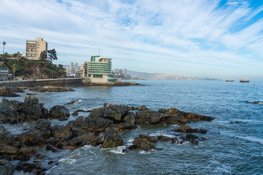 Rocky coastline with Sheraton Miramar hotel, Vina del Mar, Valparaiso Region, Chile
