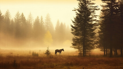 Autumn foggy landscape. Silhouette of a horse grazing in a clear - obrazy, fototapety, plakaty