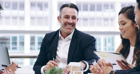 Business man, leadership and laughing in meeting, corporate discussion and planning group feedback. Happy executive manager talking to team of employees for office collaboration together in boardroom - Powered by Adobe