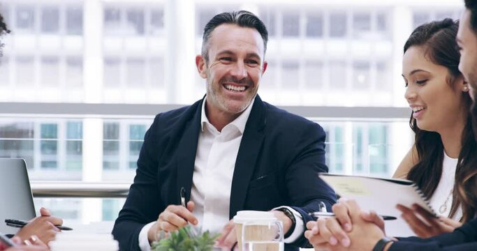 Business man, leadership and laughing in meeting, corporate discussion and planning group feedback. Happy executive manager talking to team of employees for office collaboration together in boardroom