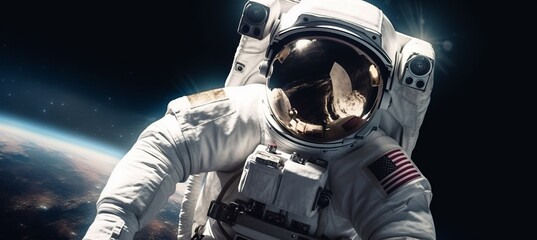 American astronaut spacewalk at the earth orbit. Generative AI technology.