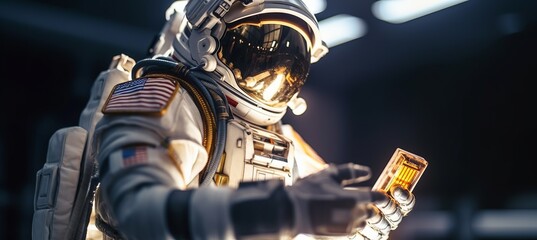 American astronaut playing phone. Generative AI technology.
