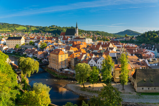 Historic center of Cesky Krumlov as seen from The Castle and Chateau, UNESCO World Heritage Site, Cesky Krumlov, South Bohemian Region