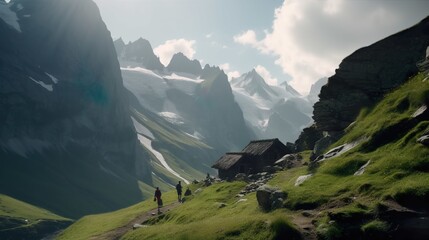 Die Illustration zeigt eine atemberaubende Landschaft der Schweizer Berge, mit einer großen Totale, die eine majestätische Bergkette umfasst
