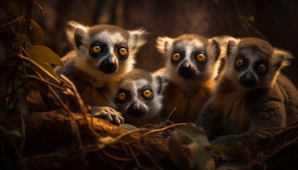 Ring tailed lemurs sitting in a row staring generated by AI