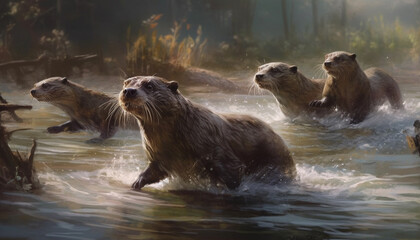 Obraz premium Playful sea lions swim in natural beauty generated by AI