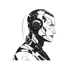 high tech man from future, vintage logo line art concept black and white color, hand drawn illustration