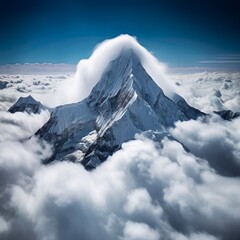  Eine Illustration auf einen schneebedeckten Berggipfel, der sich majestätisch über den Wolken erhebt 