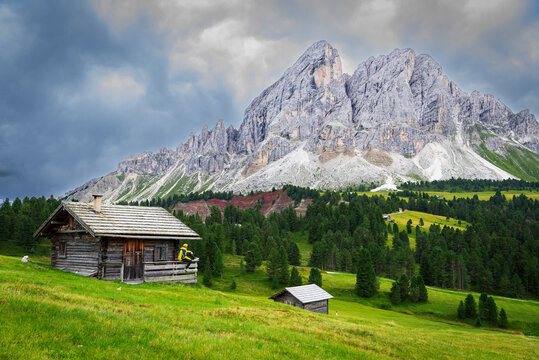 Side view of a hiker on chalet in green meadows admiring the rocky massif of Sass de Putia, Passo delle Erbe, Dolomites, Puez Odle, Bolzano district, South Tyrol, Italy