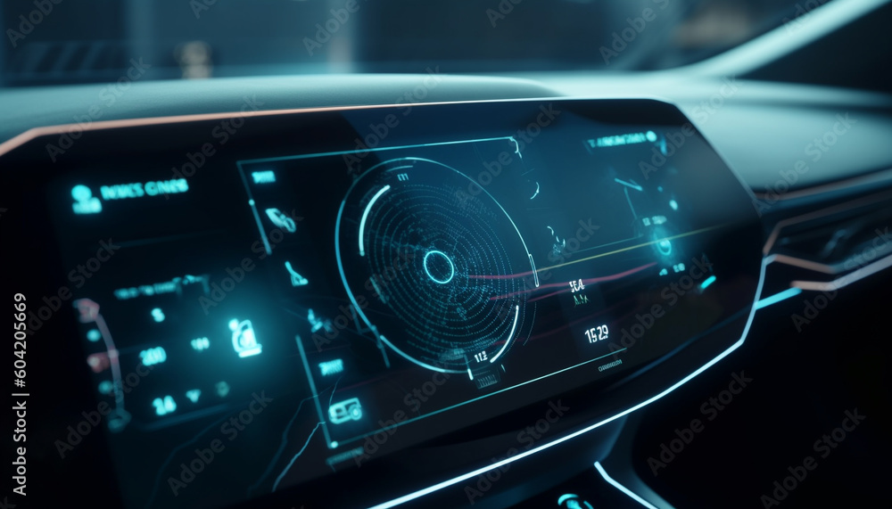 Poster glowing dashboard controls illuminate the modern car generated by ai