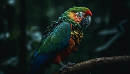 Vibrant scarlet macaw perched on tropical branch generated by AI
