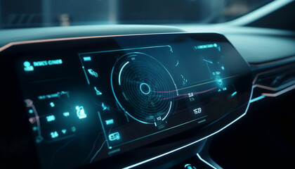 Fototapeta na wymiar Glowing dashboard controls illuminate the modern car generated by AI