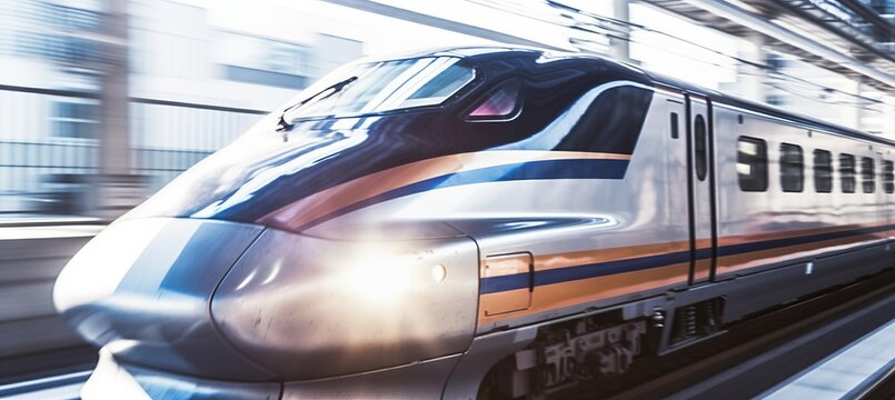 High speed passenger train at blurred station background. Generative AI technology.