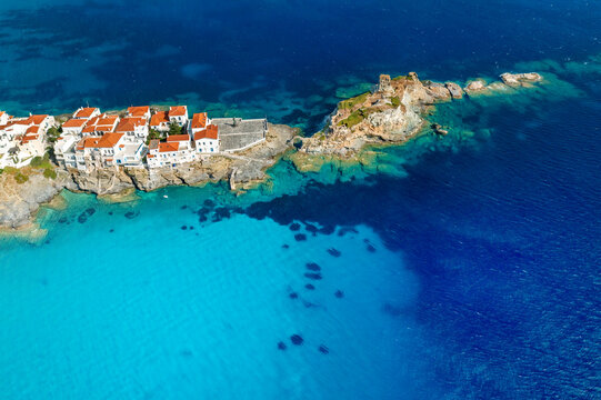 Aerial drone view of iconic and picturesque Andros (Chora) Andros Island, Cyclades, Greek Islands, Greece