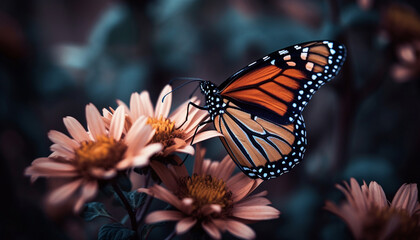 Monarch butterfly pollinates vibrant daisy in summer generated by AI