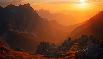 Majestic mountain peak back lit by sunrise generated by AI