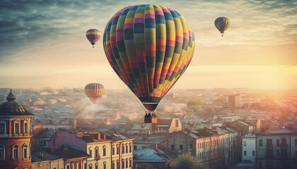 Fototapeta na wymiar Hot air balloon flying over urban skyline generated by AI